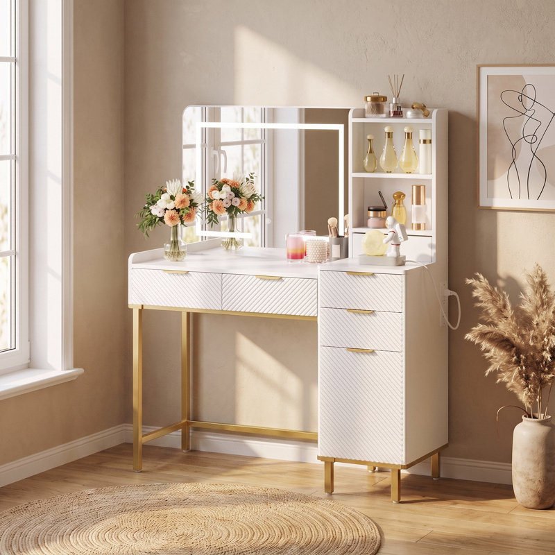 4-Drawer Manufactured Wood Makeup Vanity with LED Mirror, White