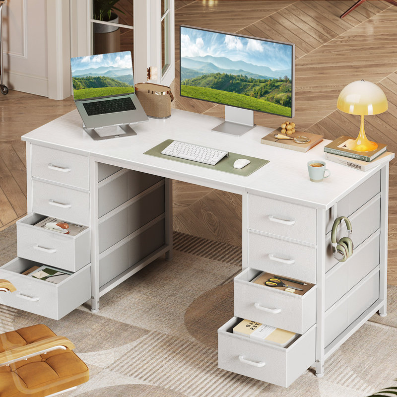 Modern White Vanity Desk With 8 Fabric Drawers, Multifunctional Makeup & Writing Table For Bedroom
