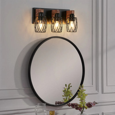 18" Industrial Vintage 3-light Wall Sconce, Black Cage Light Fixture With Wooden Accents For Bathroom, Hallway, Living Room (bulb Not Included)
