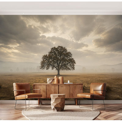 Wall Mural Peel and Stick Lone Tree Golden Field Misty Landscape Moody Sky Cloudy Sky Large Wallpaper Self-Adhesive Removable Contact Paper Wall Decor for Living Room Bedroom Nursery 69"H x 96"W