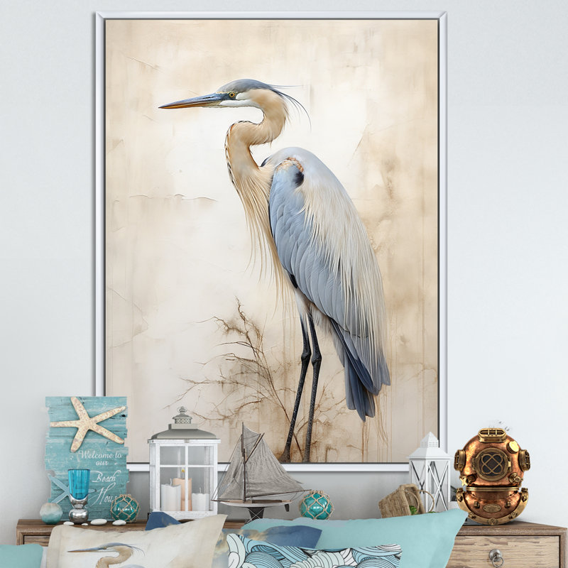 «Majestic Blue Heron Horizon II», art mural héron, H 44 po x l 34 po x P 1,5 po, Cadre flottant blanc