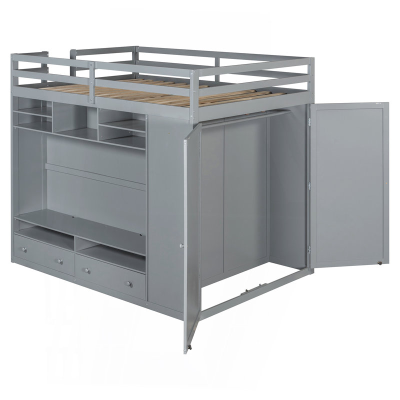 Lit mezzanine double avec tiroirs, tablettes et gris clair, Gris