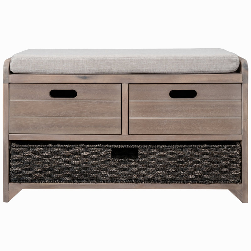 Banc de rangement avec panier amovible et 2 tiroirs, banc à chaussures entièrement assemblé avec coussin amovible (blanc délavé)