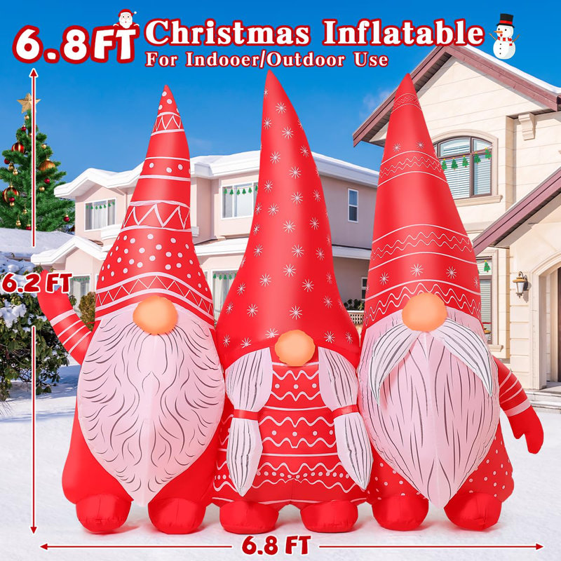 Gnomes de Noël gonflables de Noël 6,8 pi, trois gnomes de Noël se tenant la main avec des lumières