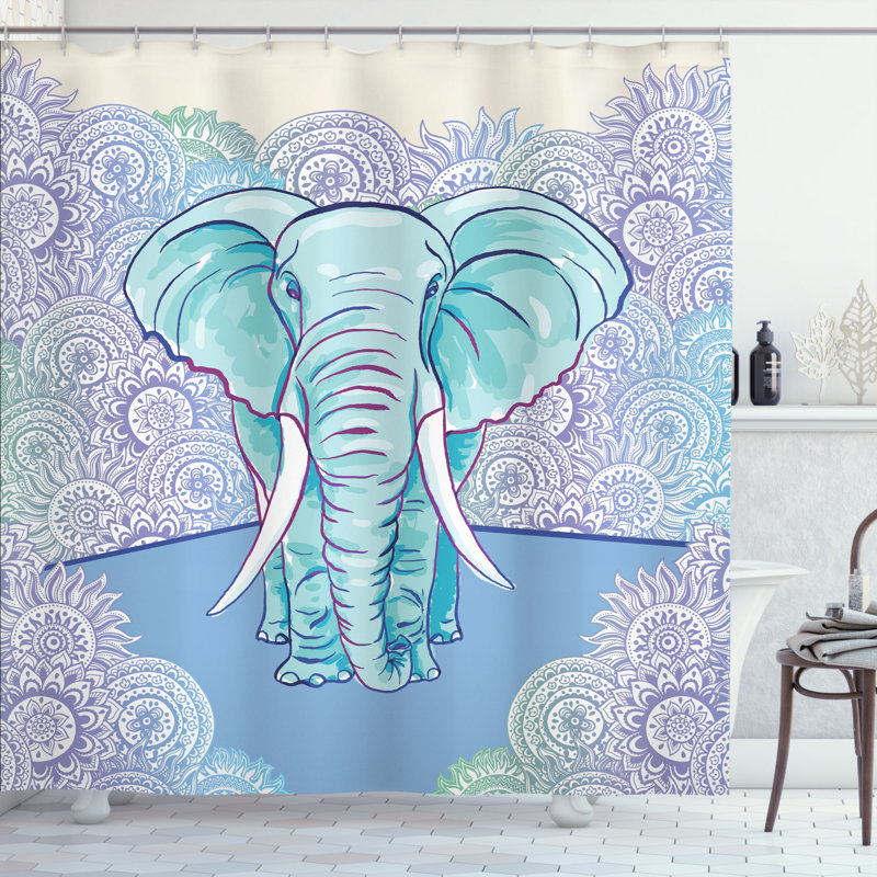 Ensemble de rideau de douche éléphant + crochets, H 69 po x l 105 po