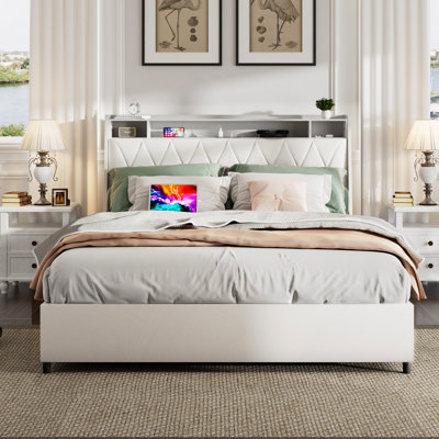 Cadre de lit avec tête de lit ergonomique, cadre de lit plateforme double avec prises et chargeur, cadre de lit double avec tablette de rangement, cadre de lit double, silencieux, pas de sommier tapissier nécessaire