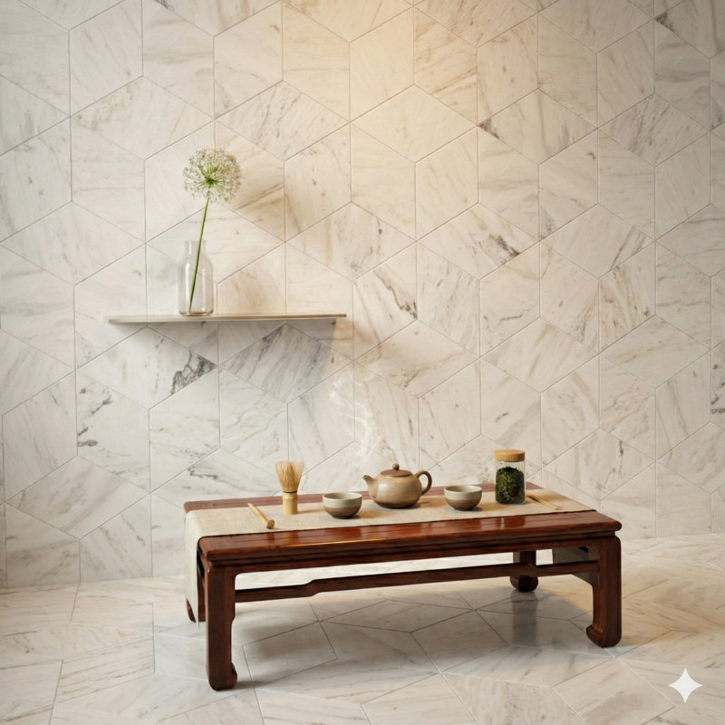 Carreau de marbre hexagonal blanc naturel avec une surface polie, matériau de pierre authentique adapté aux projets de mur et de plancher, 12 carreaux par boîte.