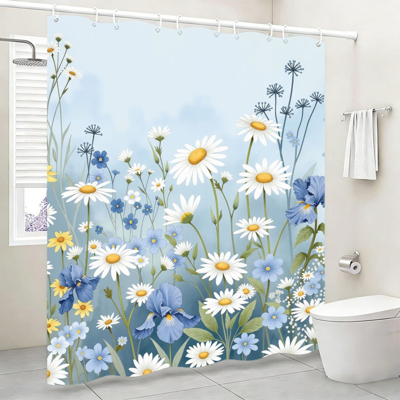 Rideau de bain Pastel Wildflower avec crochets, 72 po x 72 po (180 x 180 cm), bleu