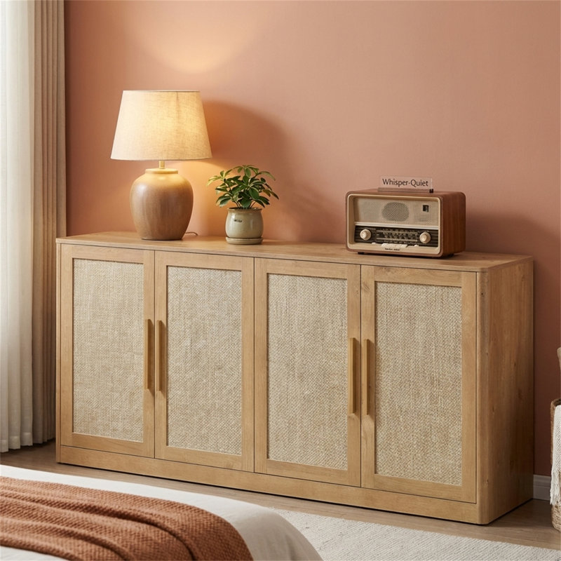 Buffet 67 po à 4 portes en rotin 67 po avec beaucoup de rangement et finition caramel
