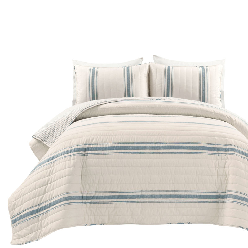 Ensemble de courtepointe réversible en coton standard 3 pièces Gilroy Farmhouse, Bleu
