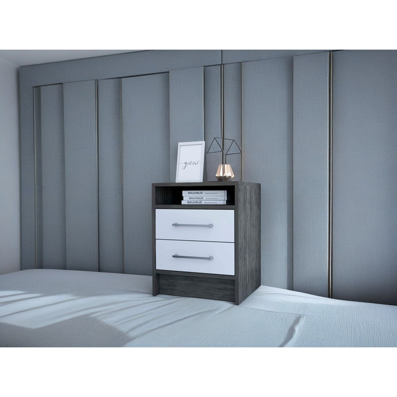 Table de chevet compacte Eter avec deux tiroirs et une tablette, rangement de chevet minimaliste, Noir / blanc
