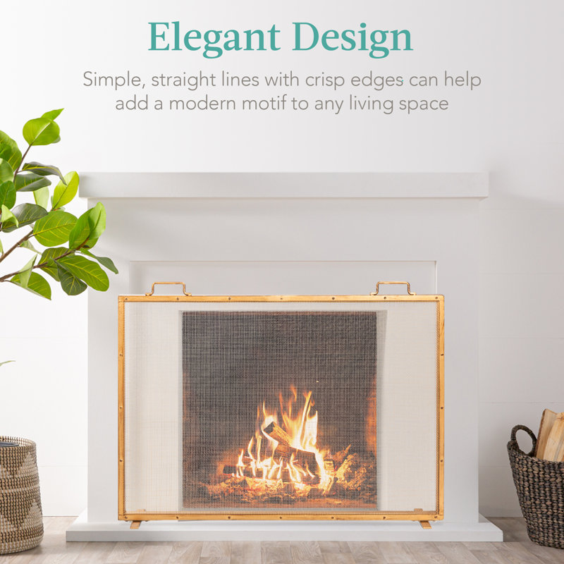 Cassiano 38x27in Single Panel Fireplace Screen Handcrafted Steel Mesh Spark Guard w/ Handles, Gold