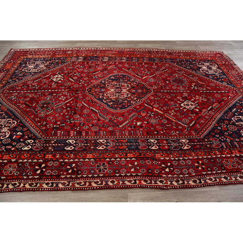 Tapis unique en laine noué à la main style Shiraz des années 1970 de 7 pi 2 po x 10 pi 8 po rouge / bleu Omena