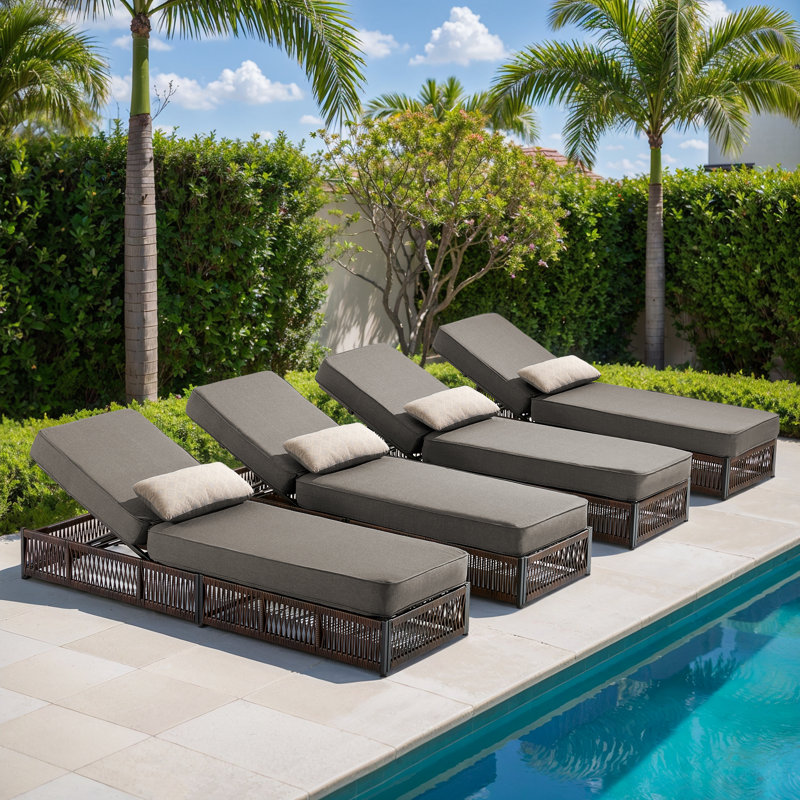 Clybourn Outdoor Patio Swimming Pool Adjustable Wicker Chaise Lounge Chair With Pillow (Set Of 4), Gray