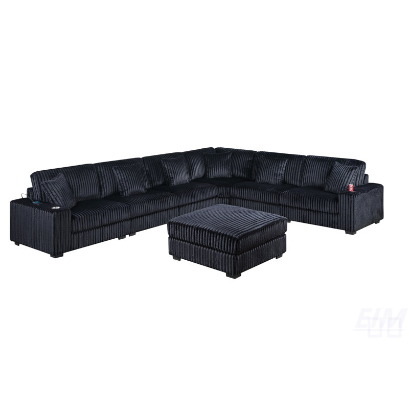 Ensemble de canapé modulaire en L 7 pièces avec USB, porte-gobelets et repose-pieds Contemporary Modern