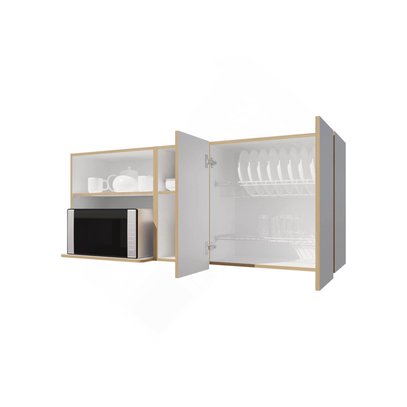 Armoire de cuisine en chêne naturel et blanc avec espace pour micro-ondes et tablette ouverte