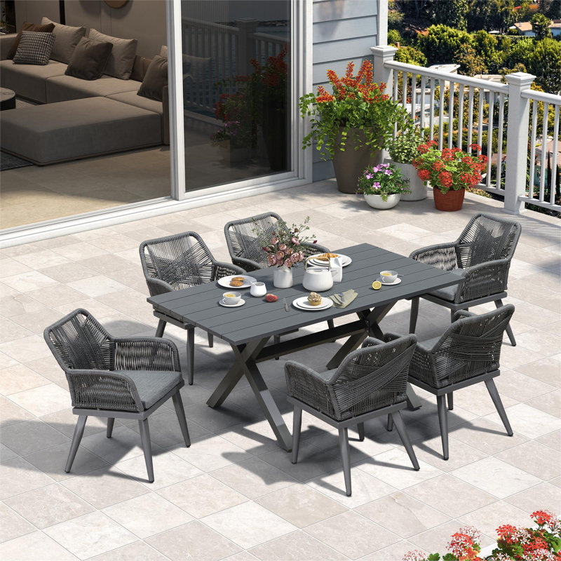 Corrigan Studio  Outdoor Dining Set All-weather Pe Rattan Outdoor Patio Furniture Set With All Aluminum Frame Rectangular Table And Chairs Set For Lawn Garden Backyard Deck, 