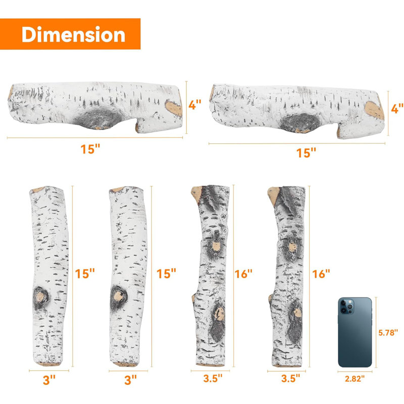 Ensemble de 6 bûches pour foyer au gaz, grandes bûches en céramique de bouleau blanc pour tous les types d'intérieur / extérieur