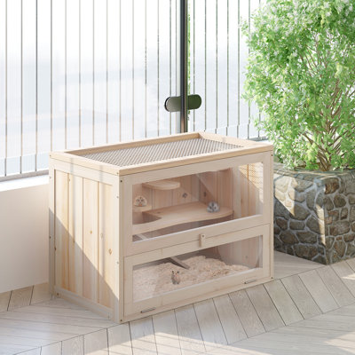 Cage pour petits animaux - 2 niveaux, bois de sapin, facile à assembler, plateau ouvrable, porte d'entrée, tablette, pour souris, L 23,5 po x l 14,13 po x H 16,5 po, maison de hamster à 2 niveaux avec toit ouvert, accès, tablettes, , Guinée