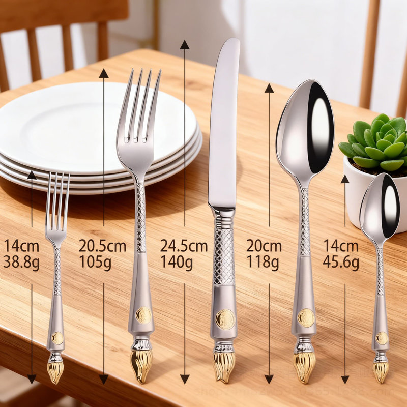 Ensemble de couteaux à steak 20 pièces avec cuillère à thé et fourchette, ensemble de couverts Western en acier inoxydable 304 plaqué or 24 carats