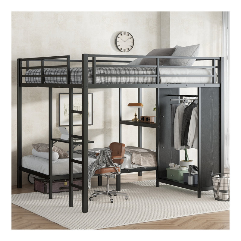 Très grand lit simple au-dessus de très grand lit simple avec garde-robe intégrée, lit superposé en métal avec bureau pliable, noir