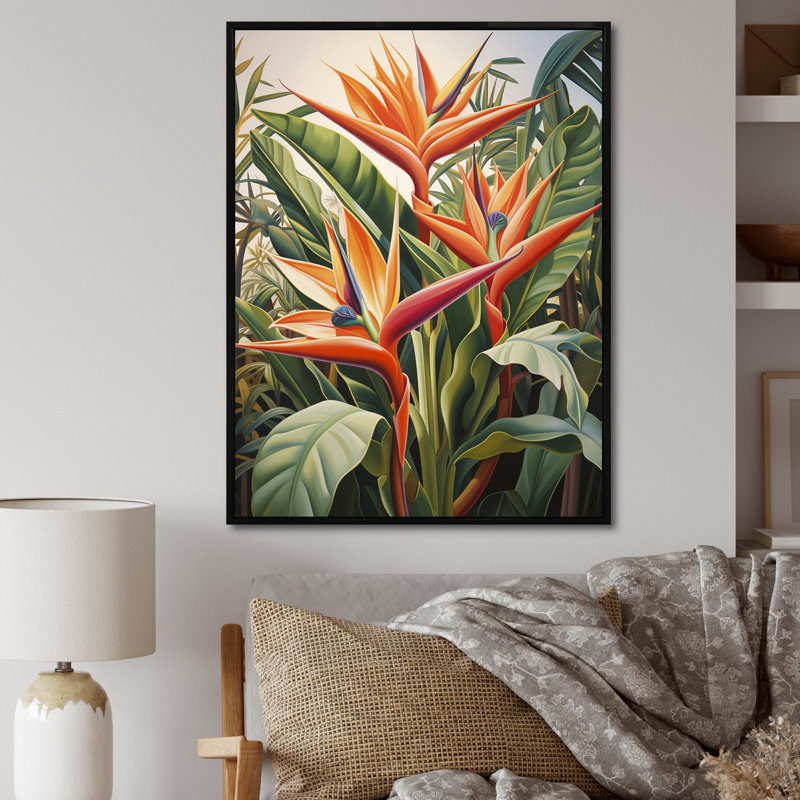 Oiseaux de paradis fleurs tropicales I - Oiseaux de paradis, impressions sur toile, Cadre flottant noir