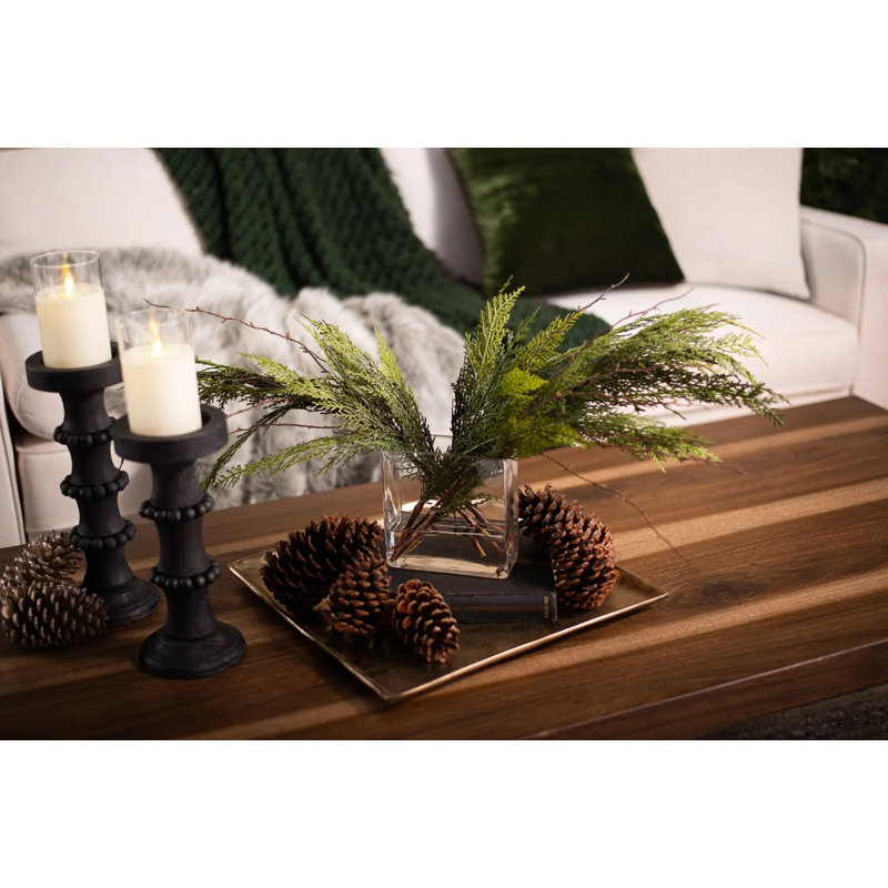 Real Touch Cedar & Branches Christmas Winter Holiday Water Illusion Arrangement in Modern Small Glass Rectangle Vase