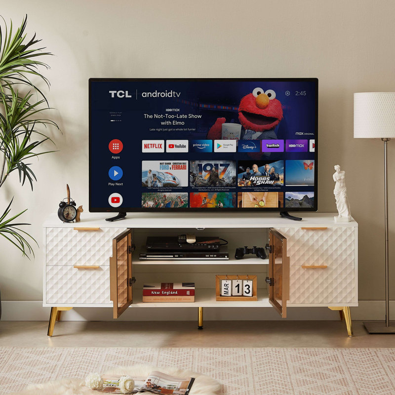 Meuble télé 4 tiroirs avec pieds réglables Deluxe, Blanc