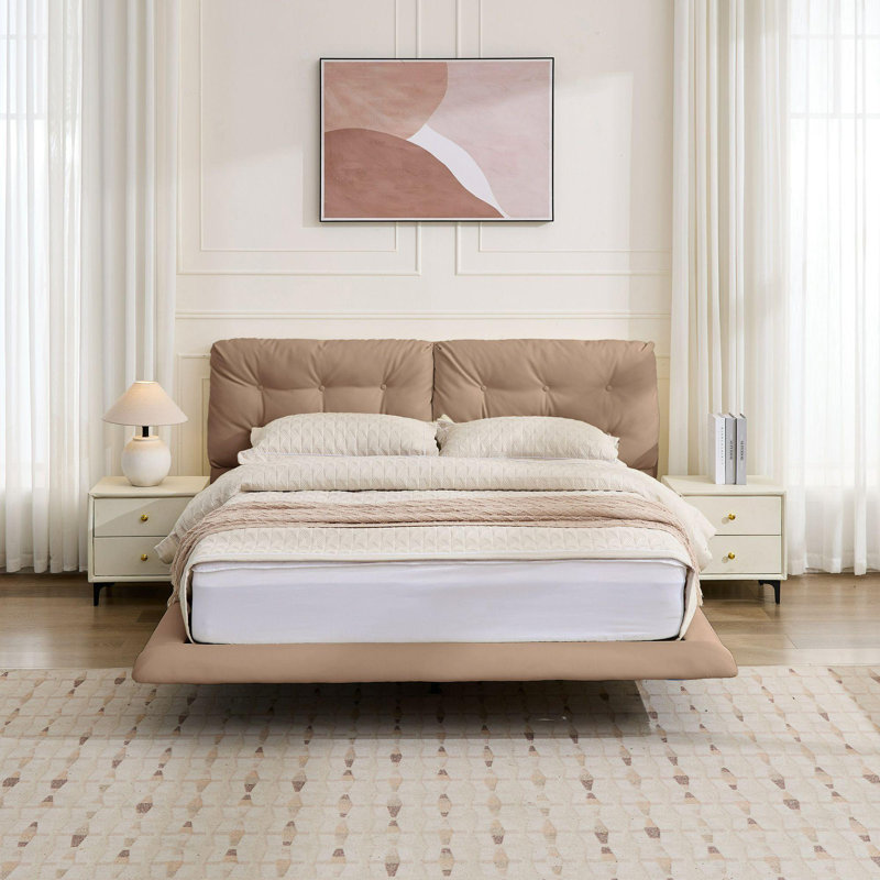 Queen Size Upholstered Floating Bed Frame With LED Lights, Pu Leather Platform Bed With Button-Tufted Headboard, Easy Assembly, No Box Spring Needed, Khaki