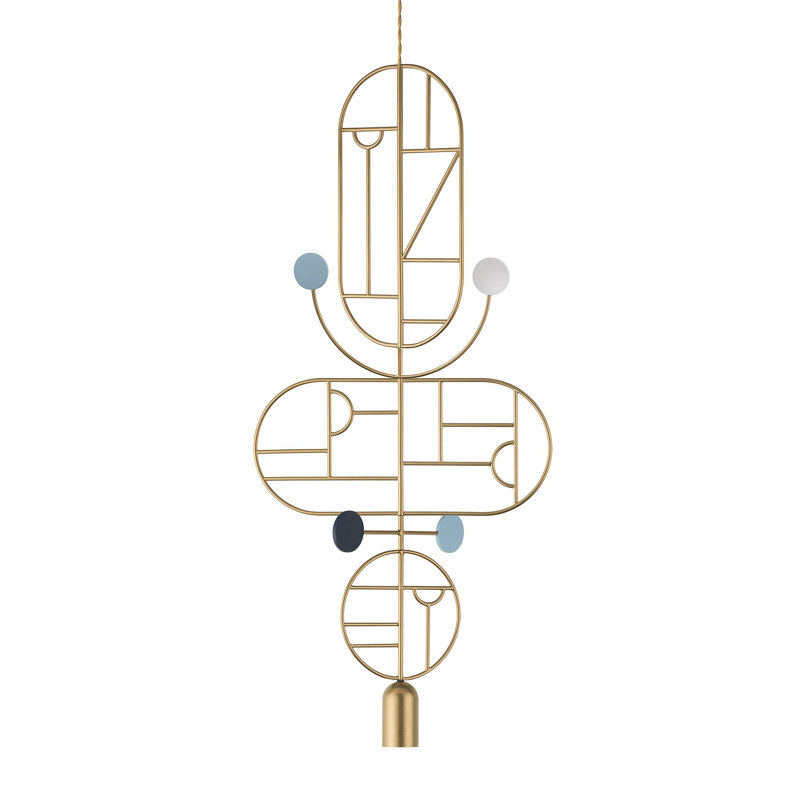 Luminaire suspendu géométrique unique à 1 lumière H 39,4 "à pois en bois, Bleu / blanc, Laiton