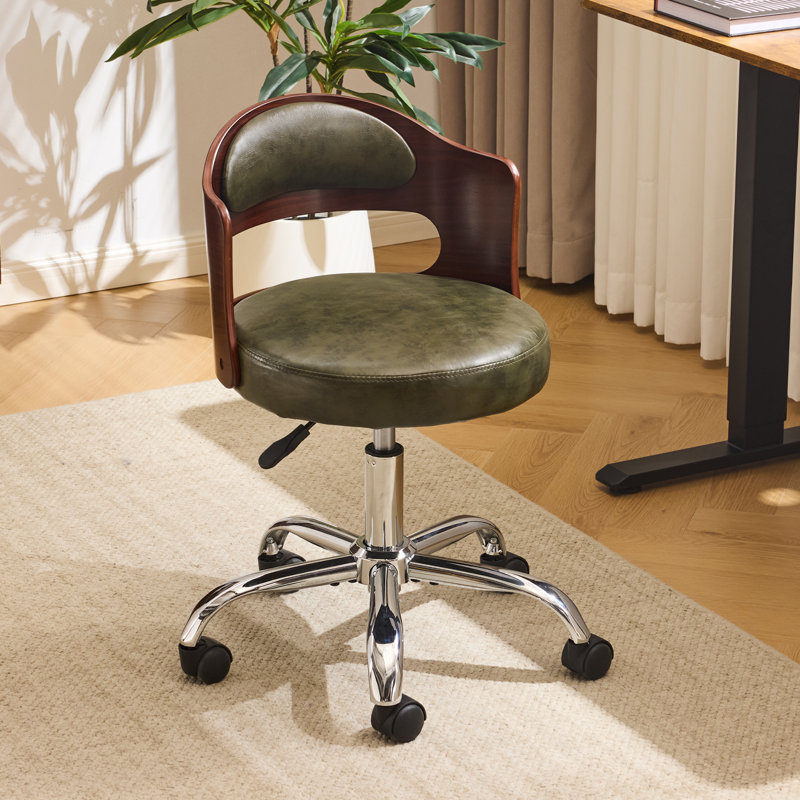 Ring-Shaped Wooden Back Office Chair With Foot Spikes And Wheels, Olive Green