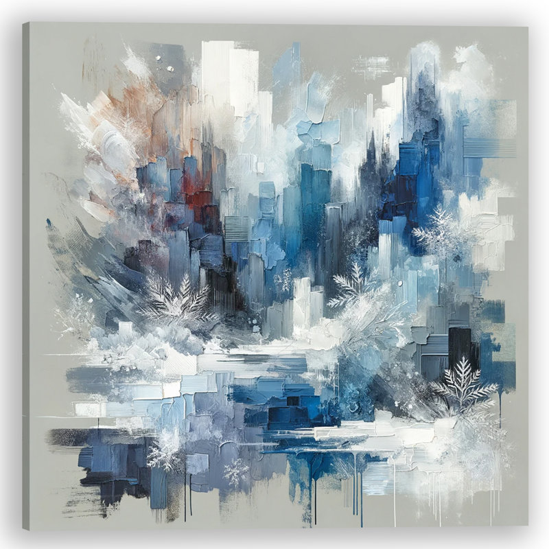 «Frosted Metropolis: Abstract Empasto Cityscape with Winter Motifs» sur toile, H 30 po x l 30 po x P 1,5 po