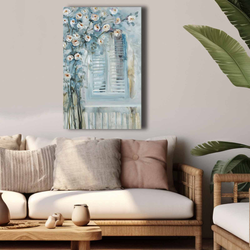 White Blossoms And Shutter Window Canvas Art