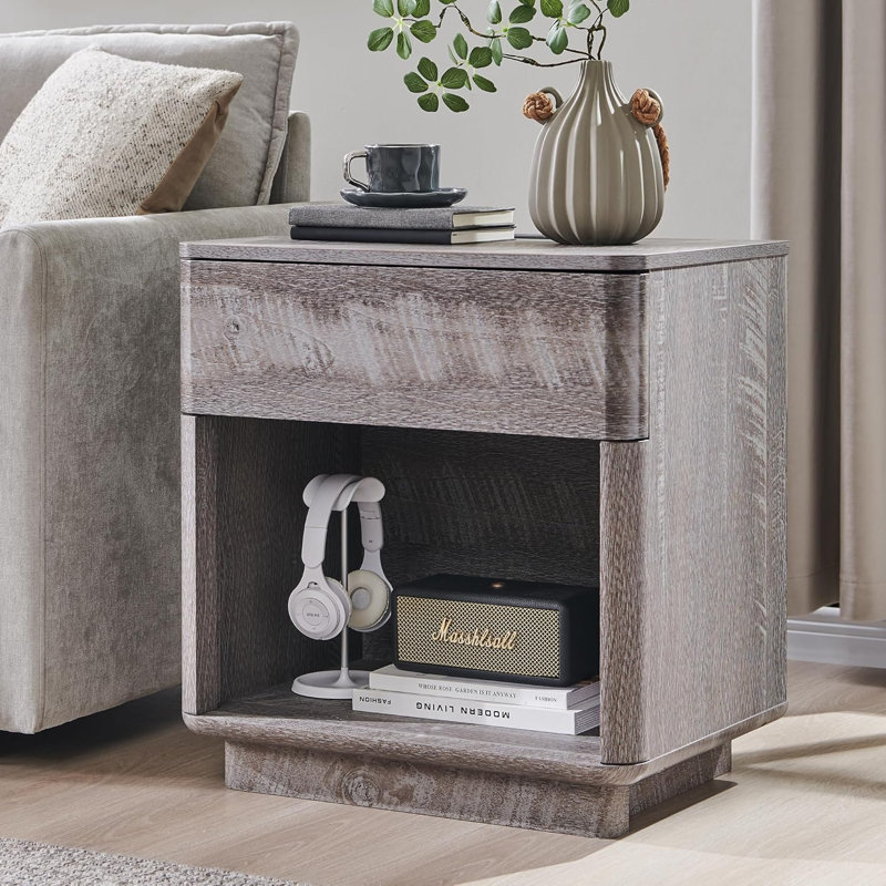 Table de chevet moderne avec station de charge, table de bout de 22 po de largeur avec tiroirs et tablette ouverte, Gris