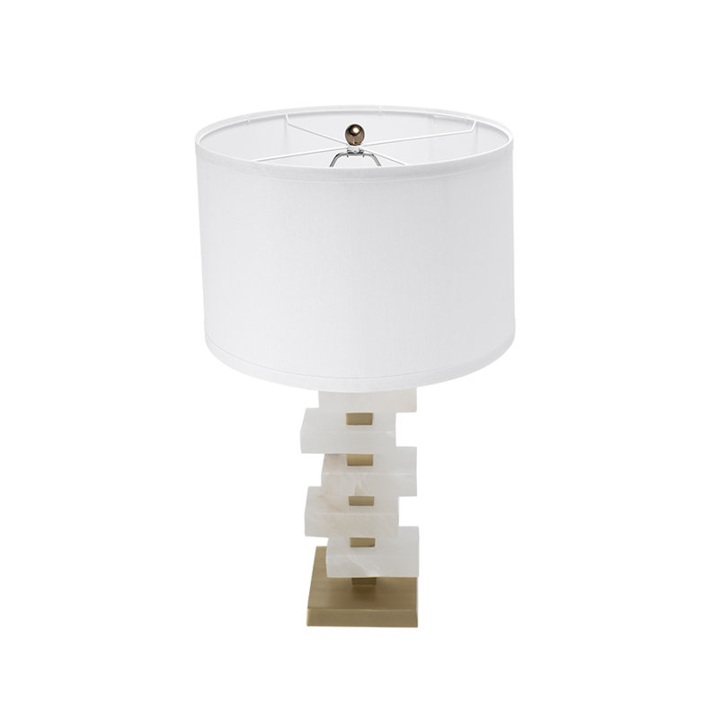 Lampe de table moderne en albâtre, lampe de table blanche et dorée de 26,7 pouces avec abat-jour tambour en tissu pour le salon et la chambre à coucher