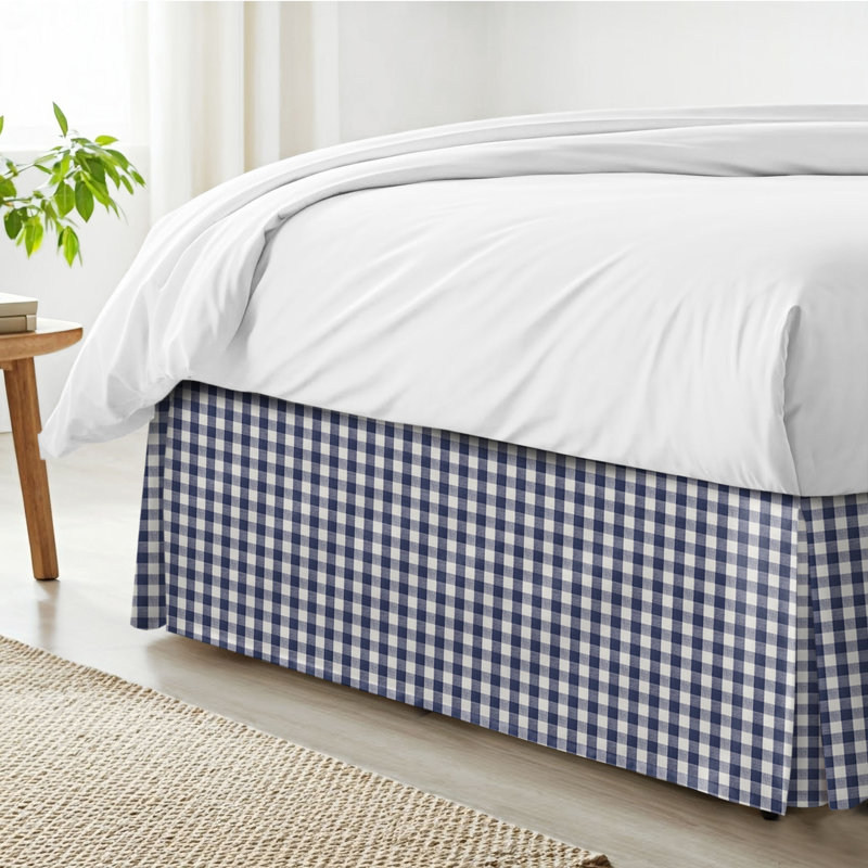 Walker Check Reverse to Solid Indigo/Ivory Cotton Bedskirt, Twin, 15"