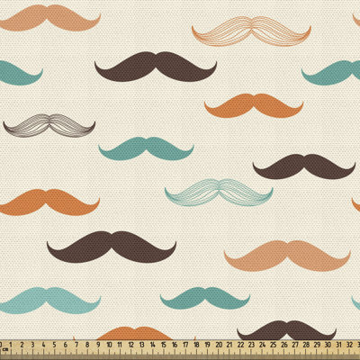 Fab_40072_Ambesonne tissu indie par la cour, motif moustache rétro de différentes couleurs aux formes bouclées à l'ancienne, tissu décoratif pour le revêtement et les accessoires de maison, brun orange sarcelle