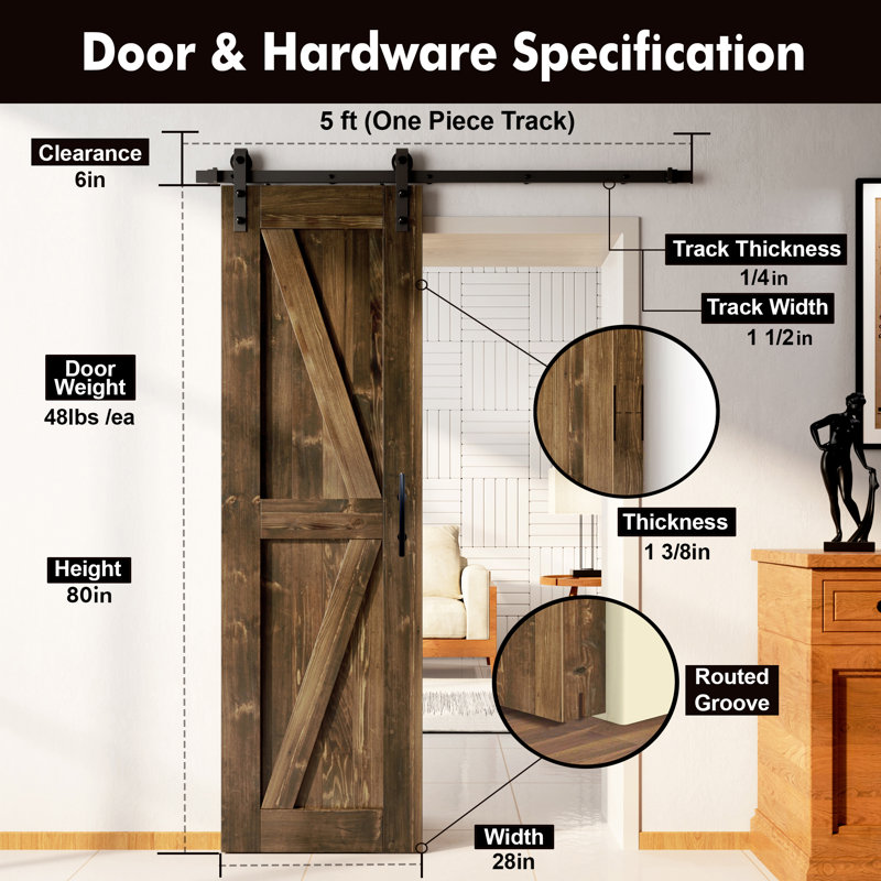 5-in-1 Design 80" Colour Solid Pine Unassembled Door with Black Rustic Installation Hardware Kit, Walnut, 28" x 80"