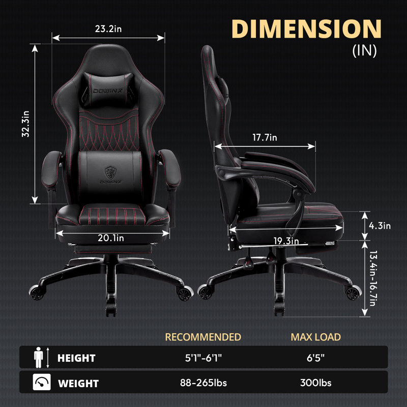 DOWINX Adjustable Reclining Ergonomic Leather Swiveling PC & Racing Game Chair with Footrest, Black