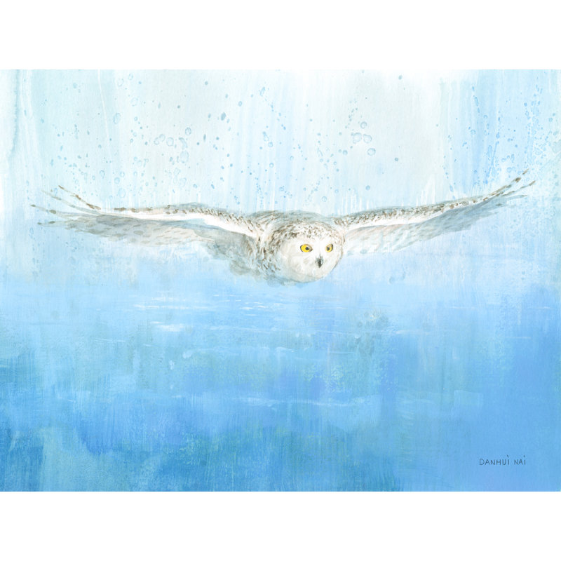 Hibou des neiges en vol, oiseau en vol, bleu, blanc, cyan, bleu sarcelle, brun clair, oiseau, H 24 po x l 48 po x P 1,5 po