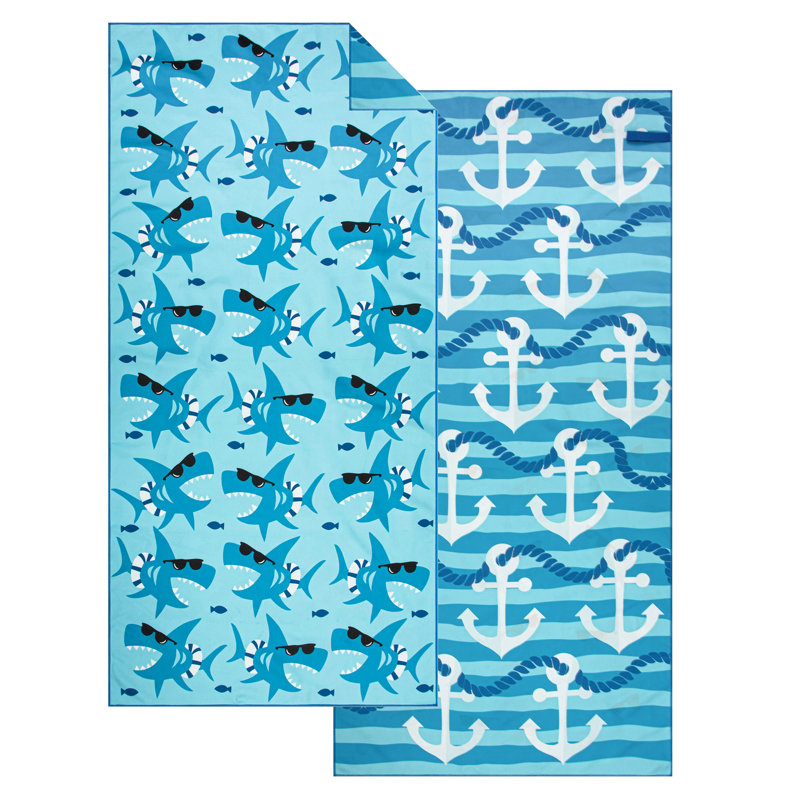 Reversible Microfiber Beach Towel for Kids - Quick Dry, Sand Free 28 x 58 inch - Fun Shark & Anchor Print Pool Towel for Boys