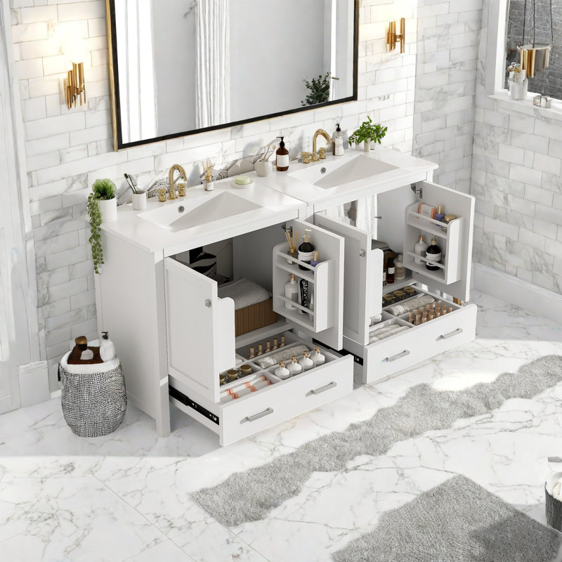 Meuble-lavabo double avec lavabo en céramique blanche, portes à fermeture douce, rangement spacieux, structure en bois massif, armoire de salle de bain moderne avec tiroirs et tablettes - unités 2 x 30 po