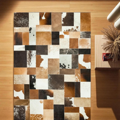 Brown And White Cowhide Patchwork Rug, Natural Leather Area Rug For Farmhouse & Rustic Home Decor, Handmade Custom Size Cowhide Carpet_9.5X13.5Ft