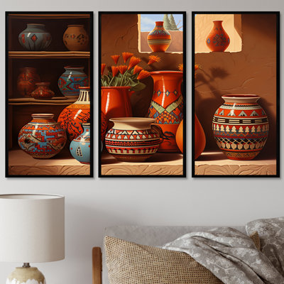 Vase mexicain en terre cuite fleurs orange - ensemble de décoration murale fenêtre florale