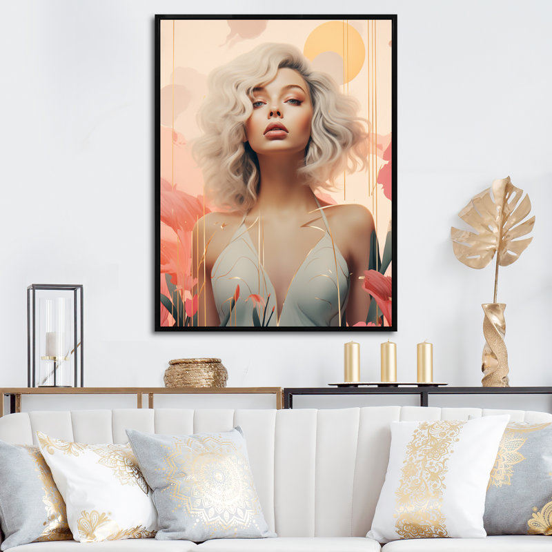 «Sensual Grace Art Nouveau Woman» rose et beige - impression, 40" H x 30" W, Cadre flottant noir