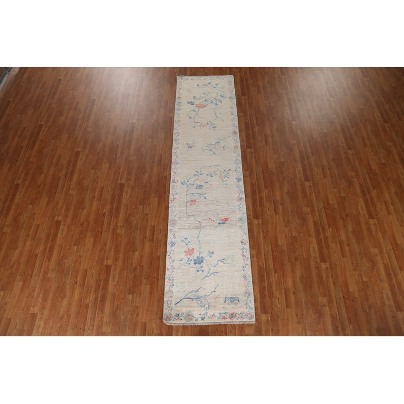 Tapis de couloir beige en laine noué à la main de conception unique 2 pi 10 po x 11 pi 7 po New Age