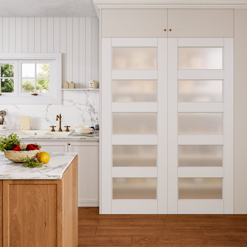 Porte standard double en bois massif givré blanc 5 pièces, 72 po x 96 po, 2