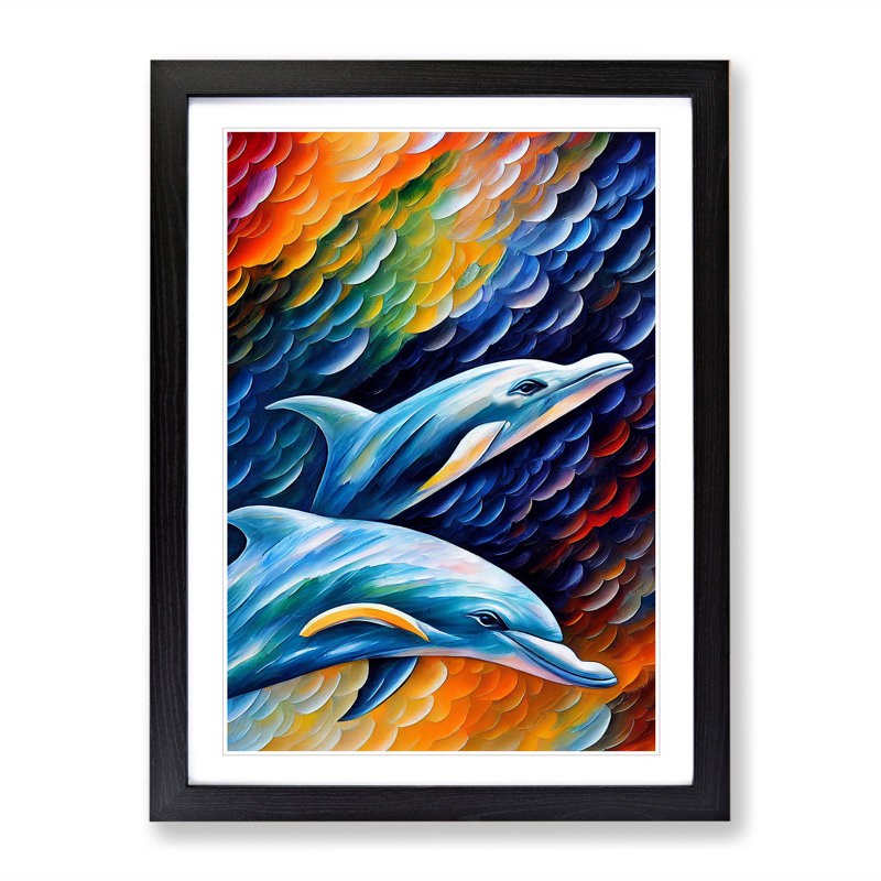 Two Dolphin - Single Picture Frame Painting, 34cm H x 25cm W, Black
