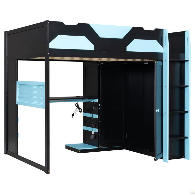 Lit mezzanine double en bois avec bureau, tablettes multiples, lumière USB et RVB