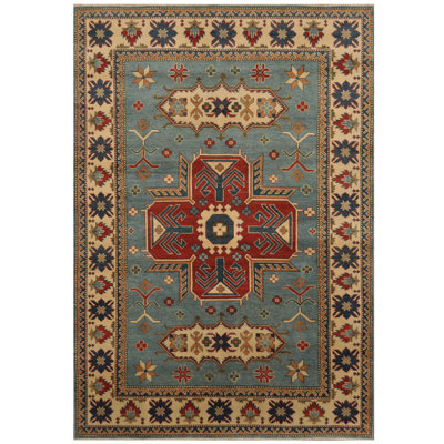 Tapis de zone en laine noué la kazak bleu/beige 6 pi x 9 pi one-of-kind à la main Tiponya